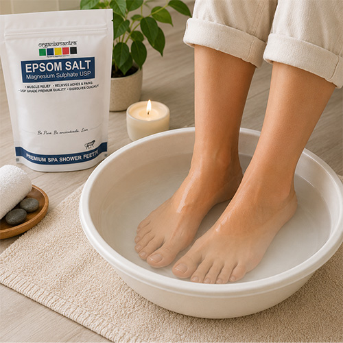 Feet resting in a warm Epsom Salt soak